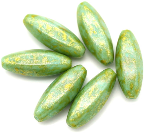 6pc 19x7mm Czech Pressed Glass Oval Beads, Opaque Aqua/Gold Shimmer