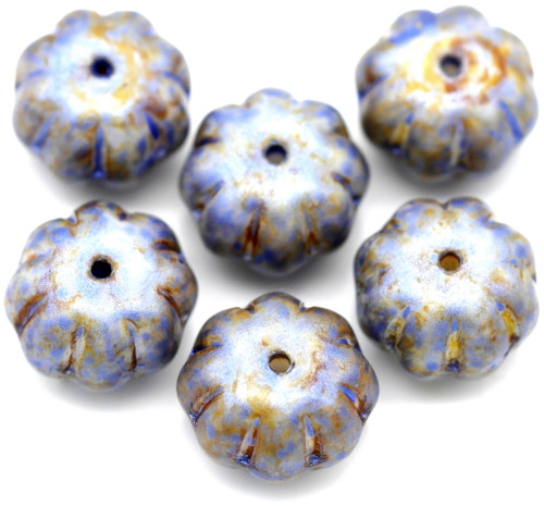 6pc 11x8mm Czech Pressed Glass Fluted Pumpkin Beads, Alabaster/Sage Blue
