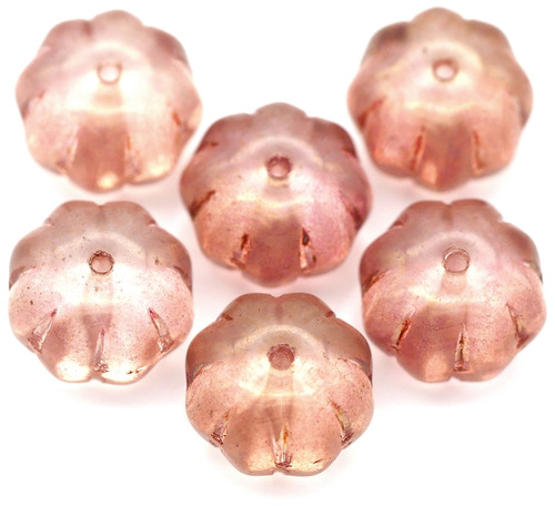 6pc 11x8mm Czech Pressed Glass Fluted Pumpkin Beads, Crystal/Bronze-Pink Luster