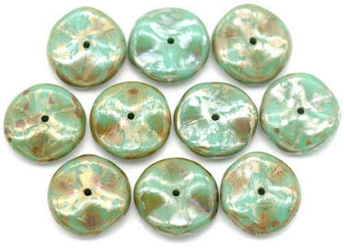 10pc 12mm Czech Pressed Glass Ripple Beads, Opaque Turquoise Travertine
