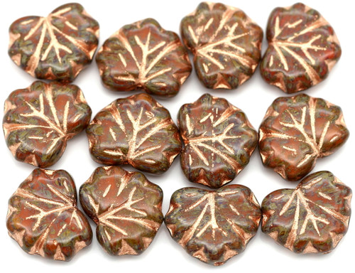 12pc 11x13mm Czech Pressed Glass Maple Leaves, Orange Opal w/Picasso & Rose Gold Wash