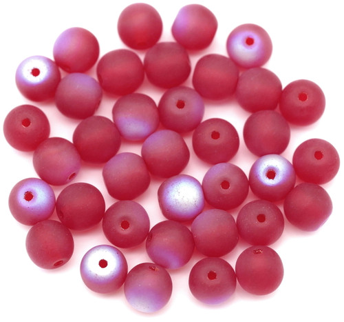 10-Gram Bag (Approx. 30+ Pcs) 6mm Czech Pressed Glass Druk Round Beads, Frosted Ruby Red w/AB
