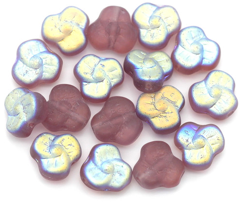 Approx. 10-Gram Bag (approx. 15pc) of 9mm Czech Pressed Glass Trillium Flower Beads, Frosted Light Amethyst w/Full AB