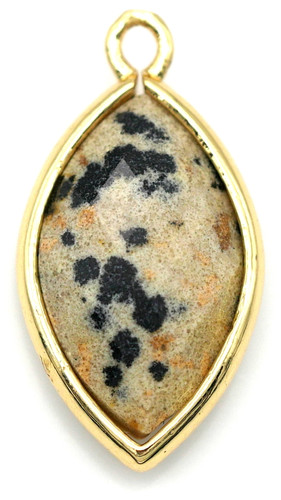 Approx. 22x12mm Dalmatian Jasper & Brass Faceted Marquise Pendant, Gold