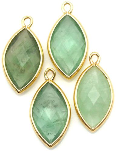 22x12mm Green Fluorite & Brass Faceted Marquise Pendant, Gold