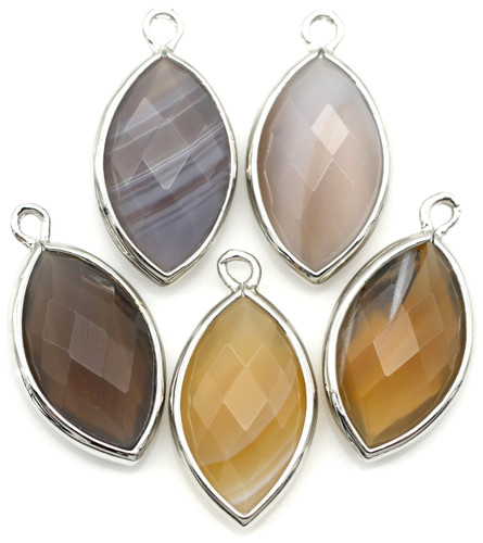 22x12mm Botswana Agate & Brass Faceted Marquise Pendant, Silver