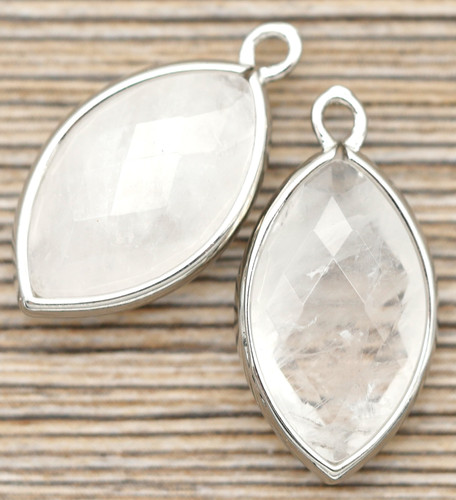 22x12mm Quartz Crystal & Brass Faceted Marquise Pendant, Silver