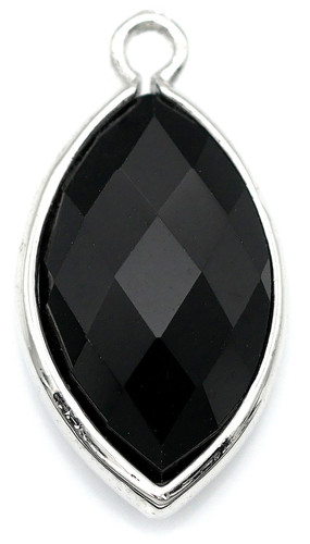 22x12mm Black Onyx (Dyed) & Brass Faceted Marquise Pendant, Silver