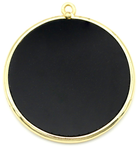 Approx. 33mm Black Agate (Dyed) & Brass Gemstone Disc Pendant, Gold