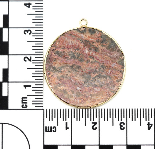 Approx. 33mm Leopardskin Jasper & Brass Gemstone Disc Pendant, Gold