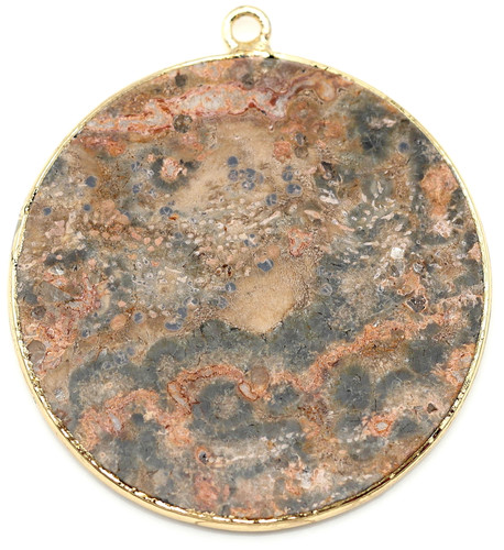 Approx. 33mm Leopardskin Jasper & Brass Gemstone Disc Pendant, Gold