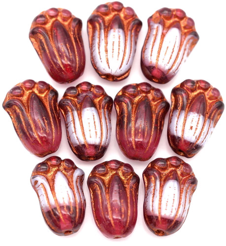 10pc 12x8mm Czech Pressed Glass Tulip Bud Beads, Mulberry & White Swirl w/Copper Wash