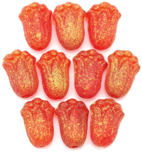 10pc 12x8mm Czech Pressed Glass Tulip Bud Beads, Etched Transparent Light Red w/Gold Shimmer