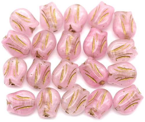 20pc 9x7mm Mini Tulip Beads, Crystal Pink Swirl w/Gold Wash