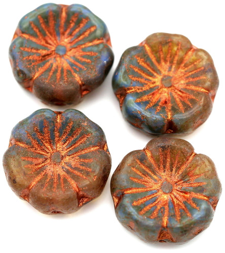 4pc 14mm Czech Pressed Glass Hawaiian Flower Beads