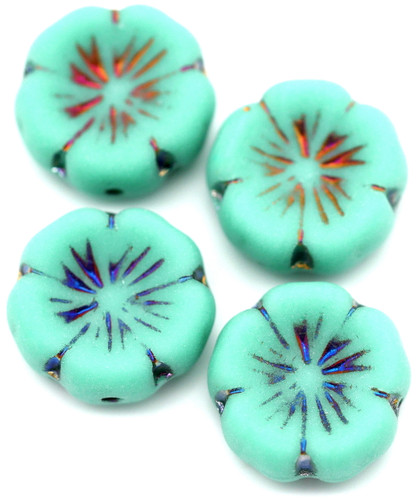 4pc 14mm Czech Pressed Glass Hawaiian Flower Beads, Matte Opaque Turquoise w/Sliperit Wash