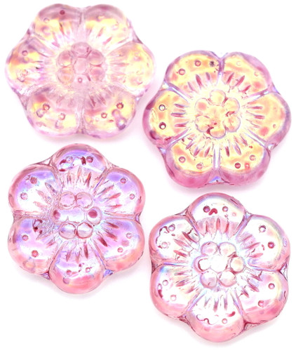 4pc 14mm Czech Pressed Glass Daisy Flower Bead, Crystal AB w/Pink Splash
