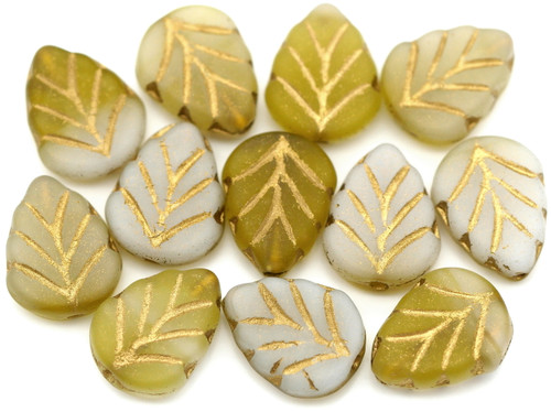 12pc 8x10mm Czech Pressed Glass Mint Leaf Beads, Matte Light Olive & White Swirl w/Gold Wash