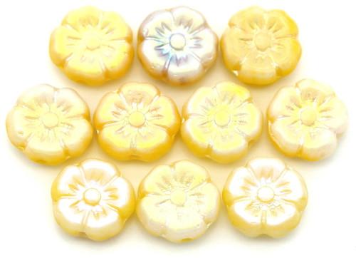 10pc 8mm Czech Pressed Glass Hawaiian Flower Beads, Yellow & White Swirl w/Full AB