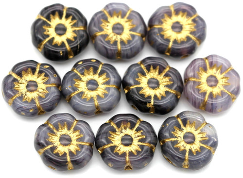 10pc 8mm Czech Pressed Glass Hawaiian Flower Beads, Black & White Swirl w/Gold Wash