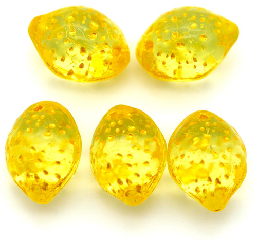 5pc 14x10mm Czech Pressed Glass Lemon Beads, Transparent Yellow w/Yellow Wash