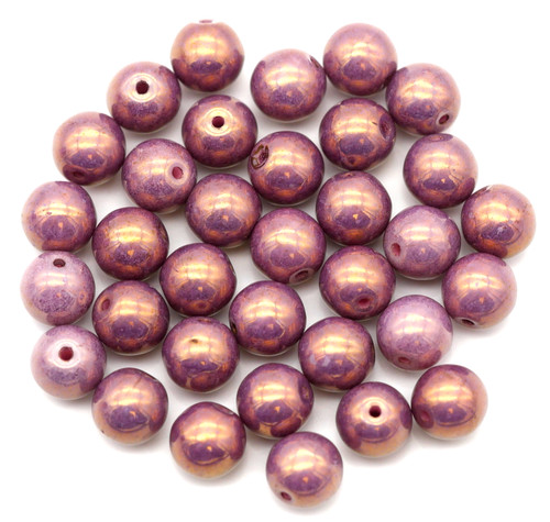 10-Gram Bag (About 35pc) 6mm Czech Druk Round Beads, Alabaster w/Violet Gold Luster