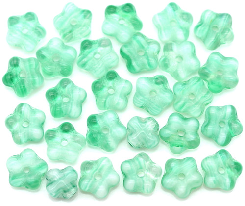 CLOSEOUT: PLEASE READ- Approx. 5-Gram Bag (About 20pc) 7mm Czech Pressed Glass 5-Petal Flower Spacer Beads, Green & White Swirl