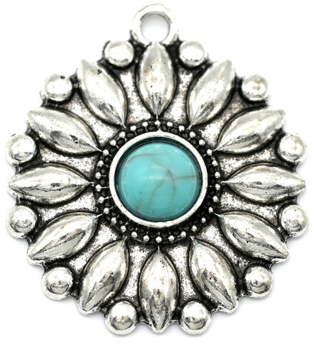 34x30mm Floral Round Pendant w/Synthetic Turquoise (Man-Made), Antique Silver