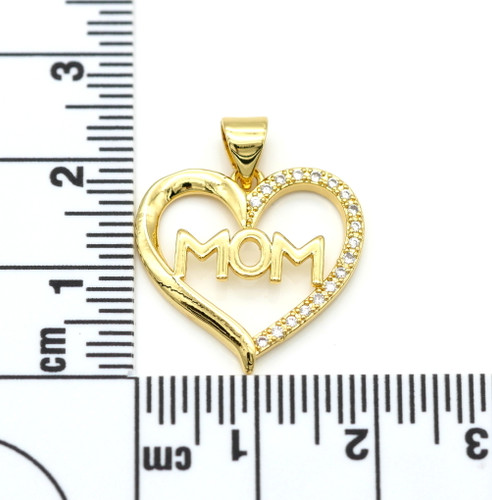 19x19.5mm Brass & Cubic Zirconia "MOM" Heart Pendant, Gold