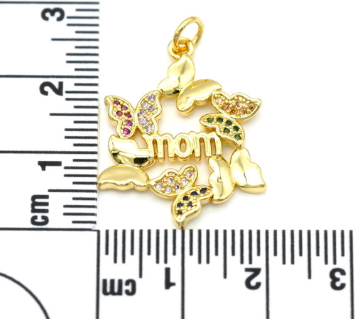 25x20mm 16k Gold-Plated Brass "mom" Butterfly Wreath Pendant