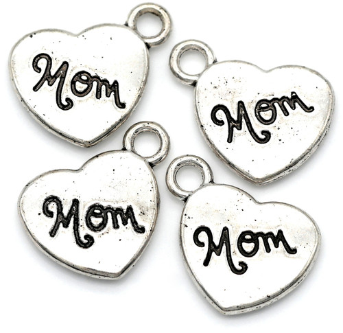 4pc 18x14mm "Mom" Heart Charms, Antique Silver