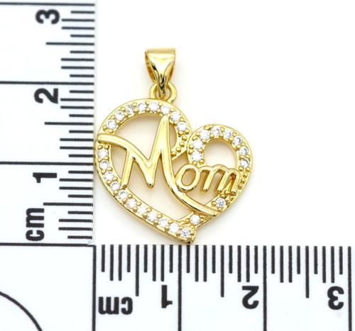 20x19mm Brass "Mom" Heart Pendant with Crystal Accents, Gold