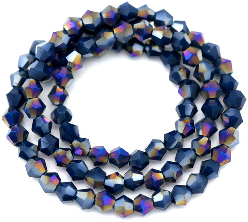 Approx. 13" Strand 4mm Crystal Faceted Bicone Beads, Opaque Marine Blue AB