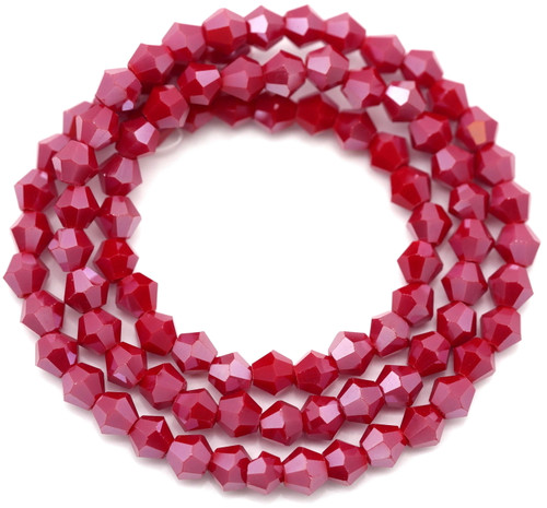 Approx. 13" Strand 4mm Crystal Faceted Bicone Beads, Opaque Coral Red Shimmer