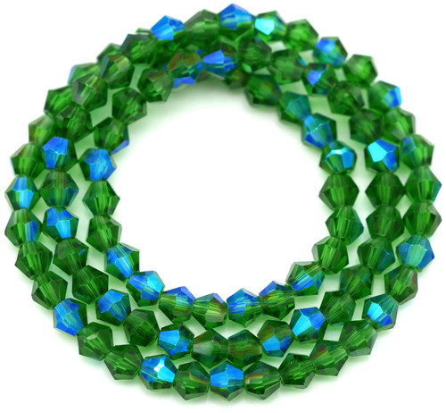Approx. 13" Strand 4mm Crystal Faceted Bicone Beads, Emerald Green AB