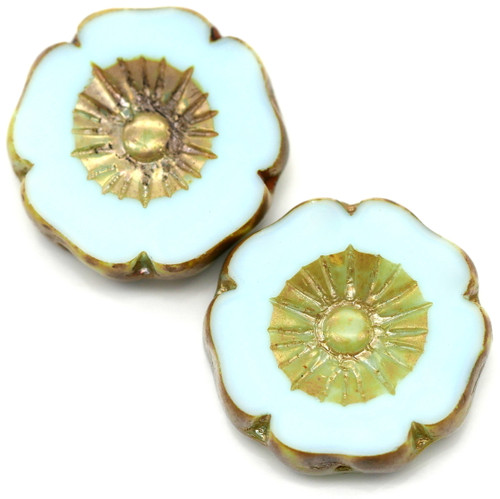 20mm Czech Table-Cut Glass Hawaiian Flower Bead, Opaque Aqua w/Travertine Wash