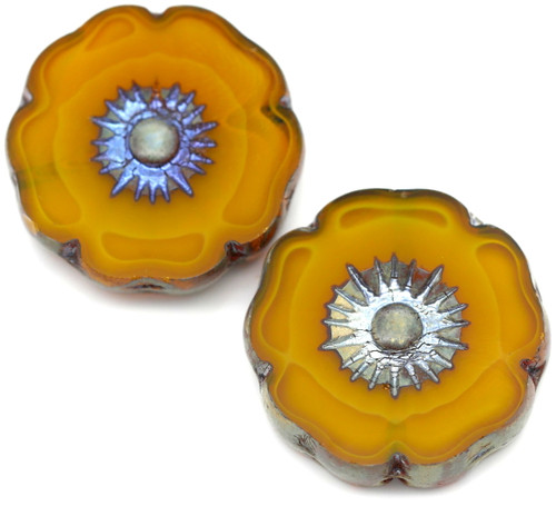 20mm Czech Table-Cut Glass Hawaiian Flower Bead, Yellow Opal w/Travertine Wash