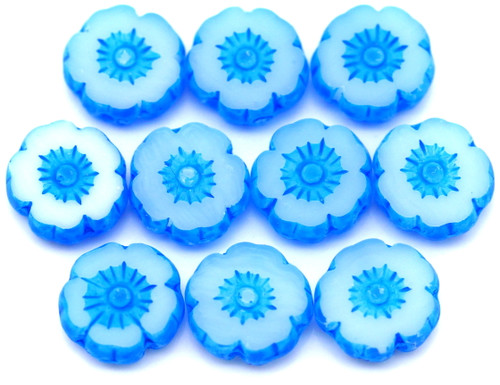 10pc 8mm Czech Table-Cut Glass Hawaiian Flower Beads, Alabaster w/Vivid Ocean Blue