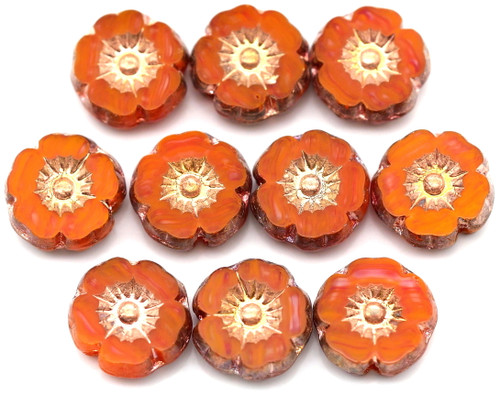 10pc 8mm Czech Table-Cut Glass Hawaiian Flower Beads, Tangerine Swirl w/Capri Gold Wash