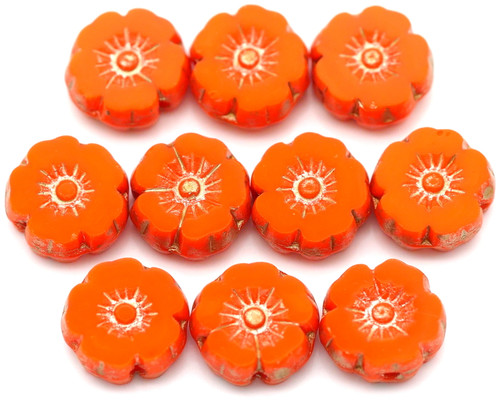 10pc 8mm Czech Table-Cut Glass Hawaiian Flower Beads, Opaque Tangerine w/Light Gold Luster