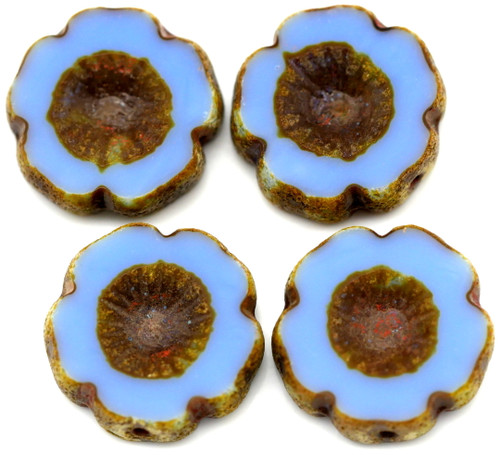 4pc 14mm Czech Table-Cut Glass Hawaiian Flower Beads, Cornflower Blue w/Picasso Wash
