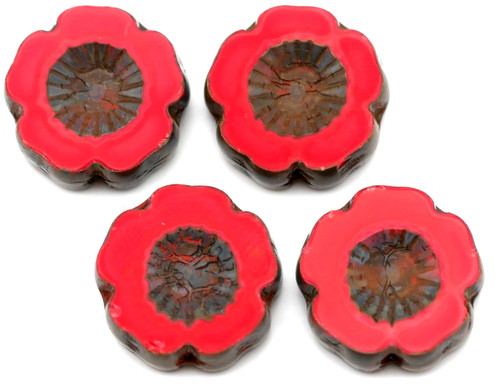 4pc 14mm Czech Table-Cut Glass Hawaiian Flower Beads, Opaque Red Coral w/Picasso Wash