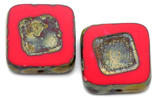 2pc 14mm Czech Table-Cut Glass Square Window Beads, Opaque Coral Red w/Picasso Wash