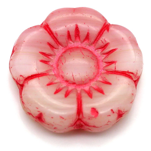 18mm Czech Pressed Glass 5-Petal Flower Beads, Pink & White Swirl w/Red Wash