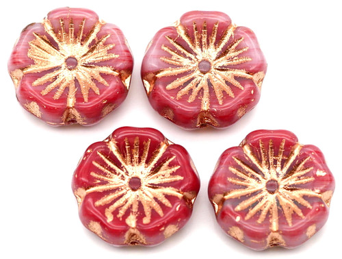 4pc 14mm Czech Pressed Glass Hawaiian Flower Beads, White Opal & Red Swirl w/Rose Gold Wash