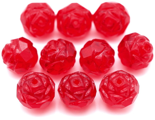 10pc 7x8mm Czech Fire-Polished Glass Rose-Cut Cathedral Beads, Ruby Red