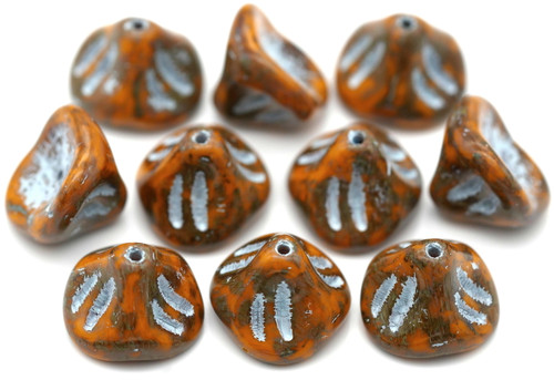 10pc Czech Pressed Glass 10x8mm Daylily Flower Beads, Opaque Harvest Orange Picasso w/Aqua Wash