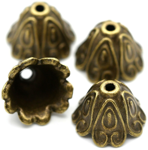 4pc 15x11mm Ornate Cone Bead Cap, Antique Bronze