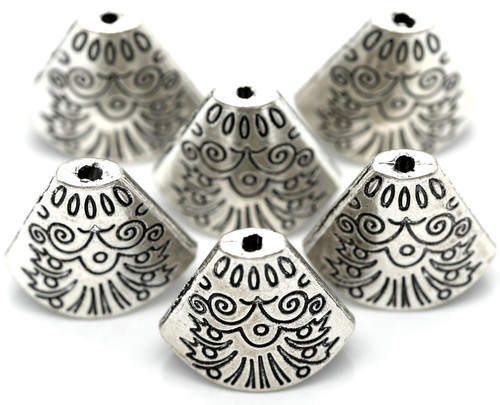 6pc 18x20mm Detailed Bell-Shaped Cone Bead Cap, Antique Silver