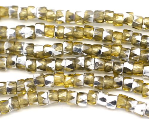 28pc Strand 6mm Czech Fire-Polished Glass Faceted Roller Beads, Champagne/Metallic Accent